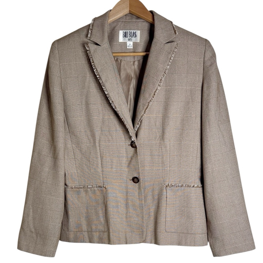 Bill Blass Suits Checkered Plaid Tan Two Button Blazer Fringe Trim Detail sz 10